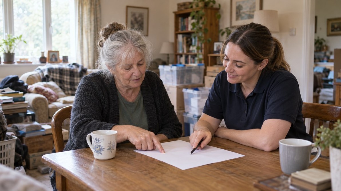 cleaning specialist sat with a resident completing hoarded home cleaning planning and checklist